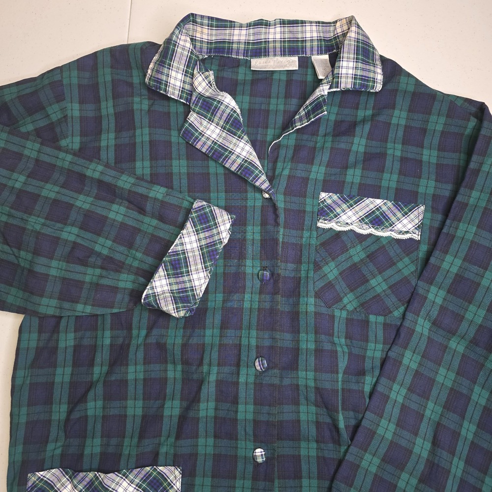 ERIKA TAYLOR Women's M Intimates Two Piece Blue Green Tartan Plaid Pajamas -1190